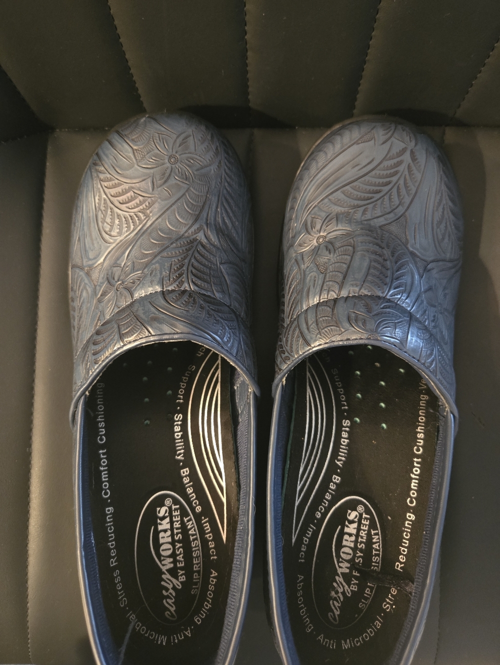 Easy Works Embossed Slip-On Comfort Clogs in Metallic Blue